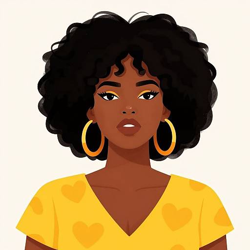 Digital illustration of a dark-skinned woman with curly black hair, wearing large gold hoop earrings and a yellow V-neck shirt, looking directly at the viewer