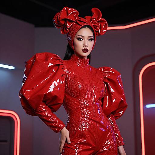 Photograph of an Asian woman in a shiny, red, puffed-sleeve, high-neck latex dress with oversized bow hat, standing confidently in
