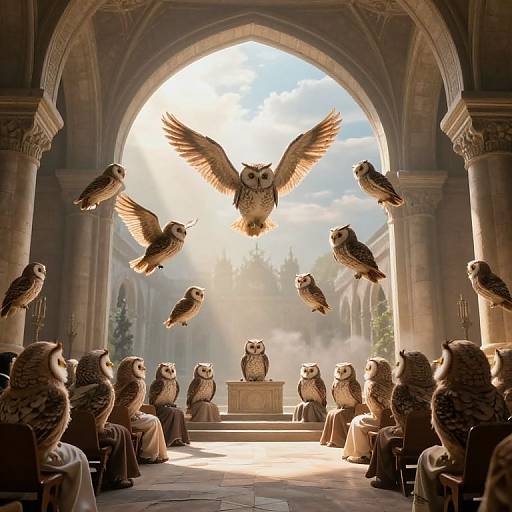 Photograph of a grand, sunlit arched hall with stone columns, where 12 realistic owls, including one flying, sit on chairs surrounding