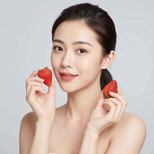 Photograph of an East Asian woman with fair skin, dark hair in a ponytail, holding two red strawberries near her face, smiling softly against a