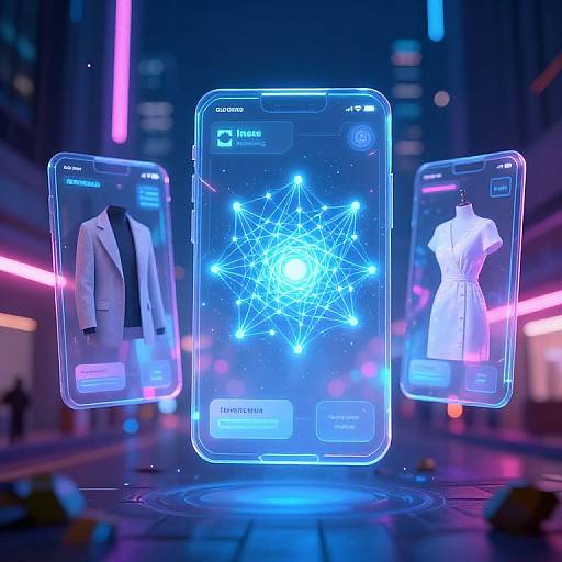 Digital art: Three glowing smartphones in neon-lit city, central screen displays blue star network, flanked by clothing mannequins, futuristic.