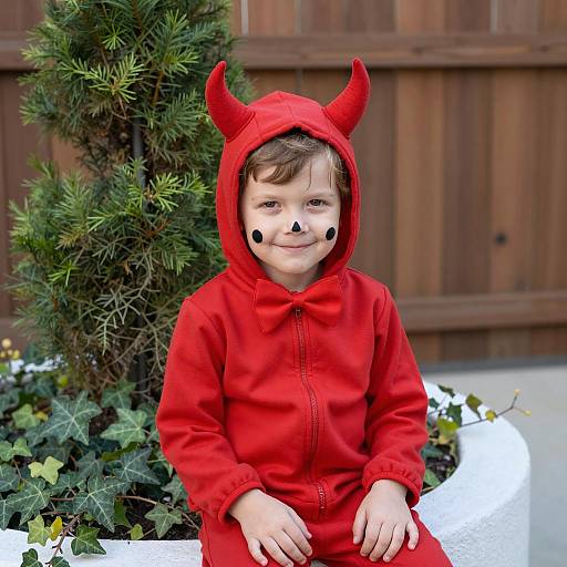 Cheerful Child in Devil Costume in Garden