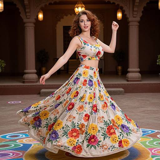 Photograph of a curly-haired woman in a colorful floral dress twirling in a dimly lit, arched, stone building with glowing lanterns.