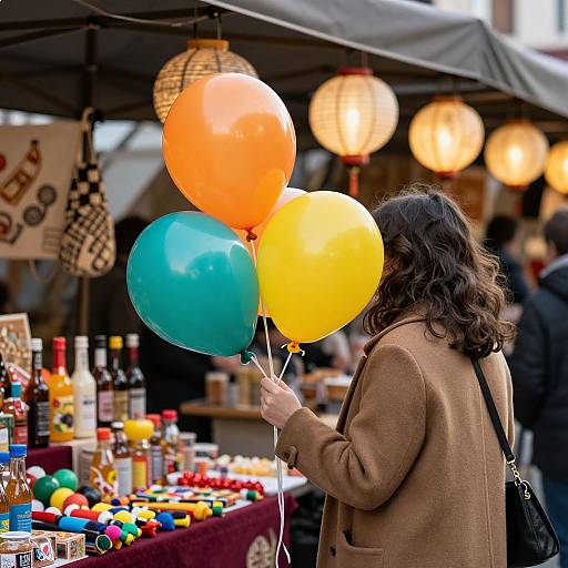 Photograph of a woman with curly brown hair, in a brown coat, holding three colorful balloons (orange, green, yellow) at an outdoor market