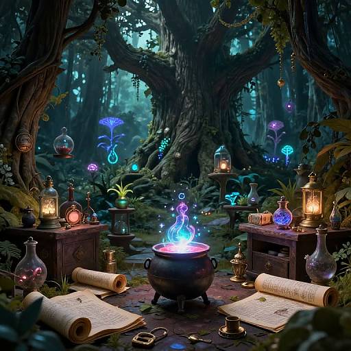 Enchanted forest scene with glowing magical plants, lanterns, potions, a bubbling cauldron, and open books on a stone path.