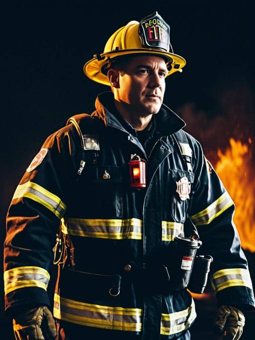 Firefighter in full gear with flame background