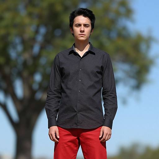 Photograph of a young man with short black hair, wearing a black button-down shirt and bright red pants, standing outdoors against a blurred tree and clear
