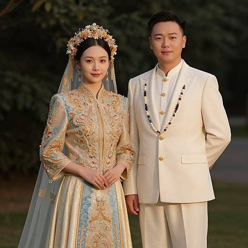 Photograph of an Asian couple in traditional wedding attire; bride in gold and blue embroidered dress, veil, and floral headpiece; groom in white suit