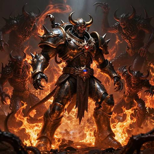 Digital art of a fearsome, armored demon lord with glowing red eyes, surrounded by flames and dark, horned creatures in a fiery inferno.