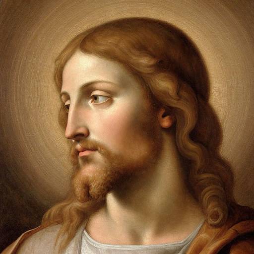 Digital portrait of a bearded Jesus with wavy brown hair, gazing to the side, golden halo, and soft, warm light.