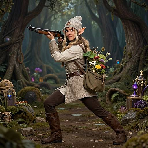 Fantasy forest elf woman with pointed ears, white hat, beige tunic, black pants, holding gun, floral satchel, crouching