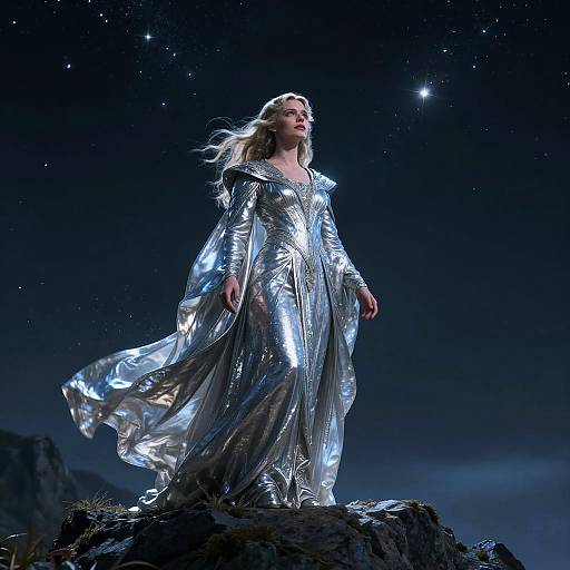 Photograph of a blonde woman in a shimmering silver, long-sleeved dress standing on a rocky cliff under a starry night sky.