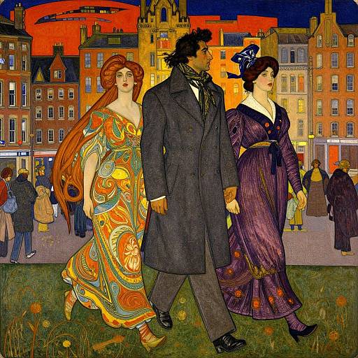 Victorian-style illustration of three people walking in a vibrant, colorful urban square at night, with ornate buildings and a red sunset sky in the background
