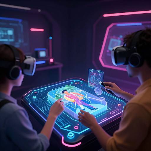 Photograph of two people in VR headsets, interacting with a glowing, neon-lit holographic interface in a futuristic, dimly-lit room