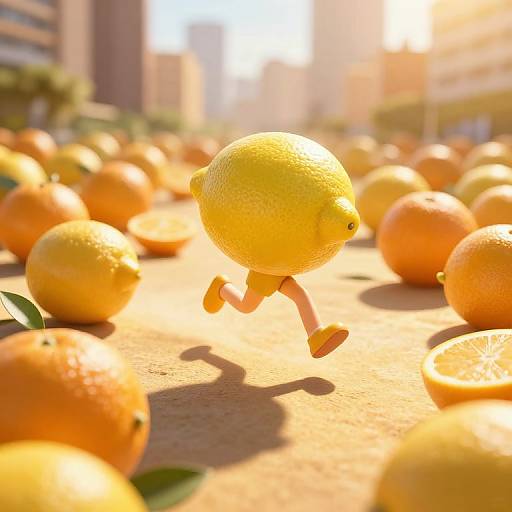 Photograph of a bright yellow, textured lemon with tiny arms and legs, running across a sunlit orange-filled street with blurred city buildings in the background