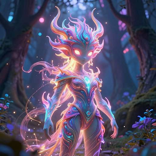 Digital artwork of a glowing, ethereal forest creature with vibrant, neon blue and pink flames, luminous eyes, and intricate armor-like patterns, standing