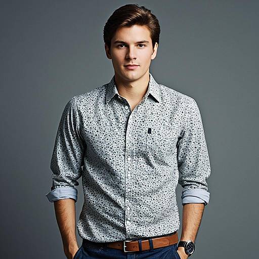 Young Man Wearing Printed Shirt and Watch