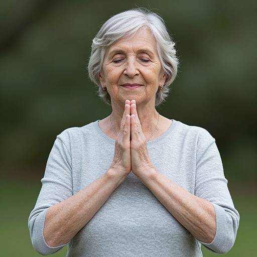 Photograph of an elderly woman with short gray hair, wearing a light gray sweater, standing outdoors with hands in prayer position, smiling softly against a blurred
