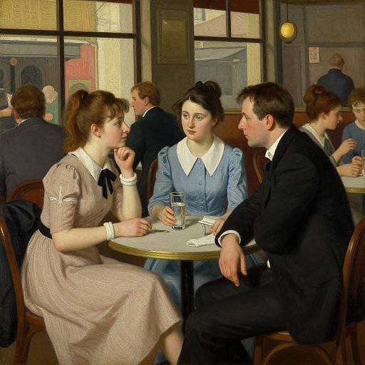 Photograph-style painting of four early 20th-century adults in a café, three seated at a round table, discussing, with glass and napkin