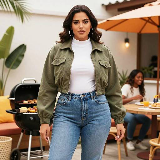 Curvy Woman in Cropped Olive Jacket at BBQ