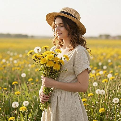 Photograph of a pregnant woman in a straw hat and beige dress, holding yellow daisies, standing in a sunlit field of dandelions