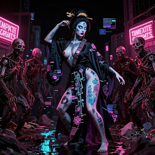 Cybernetic Geisha Amid Neon Zombie Crowd