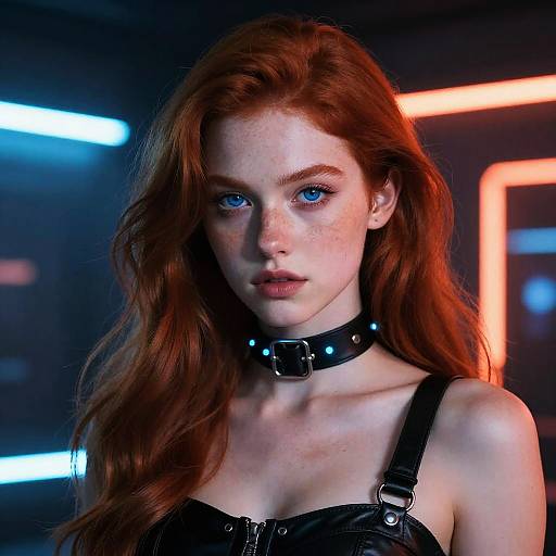 Photorealistic digital artwork of a freckled, red-haired woman with blue eyes, wearing a black leather choker and strap top, illuminated by