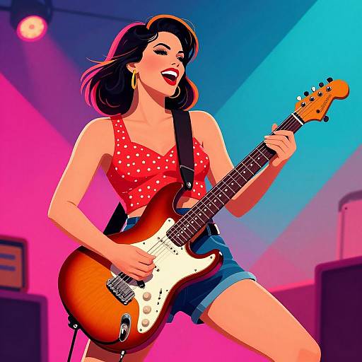 Digital illustration of a smiling woman with black hair, red polka-dot top, denim shorts, playing a sunburst electric guitar on stage.