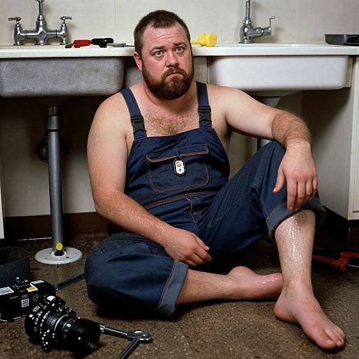 Photograph of a bearded, muscular man with fair skin and short brown hair, wearing blue denim overalls, sitting barefoot on a bathroom floor