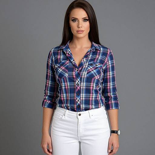 Photograph of a woman with long black hair, wearing a blue plaid shirt, white pants, and a black wristwatch, standing against a gray