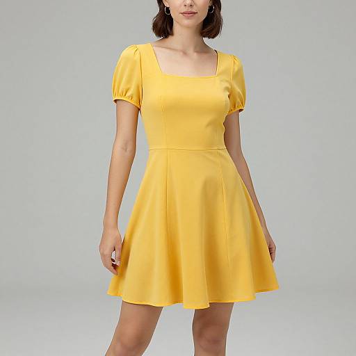 Photograph of a woman in a bright yellow, short-sleeved, square-neck, A-line dress, standing against a plain white background.