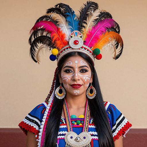 Photograph of a smiling woman with dark skin, white face paint, and colorful feathered headdress, wearing traditional blue, red, white, and