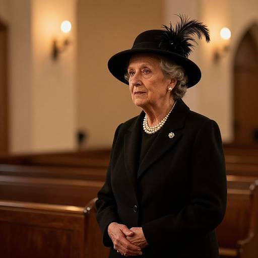 Photograph of an elderly woman with gray hair, wearing a black hat with a feather, black coat, pearl necklace, and pearl earrings, standing in