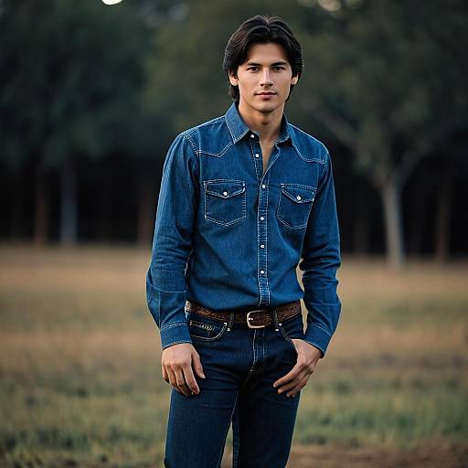 Young Man in Denim Shirt and Jeans Outdoors
