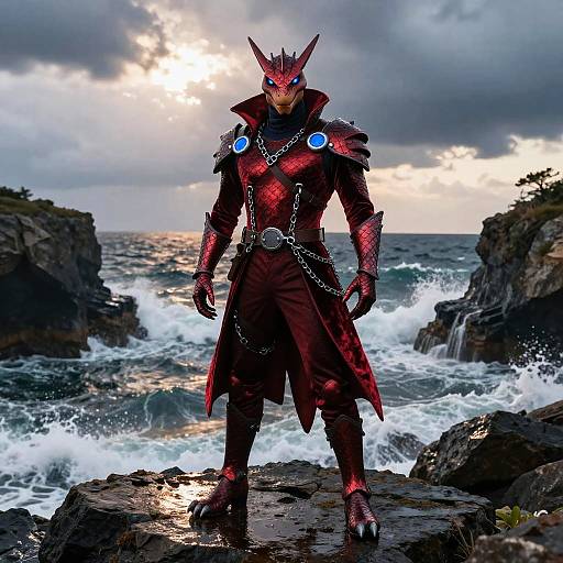 Digital artwork of a red-armored, horned warrior with glowing blue orbs, standing on rocky cliffs at sunset, waves crashing behind.
