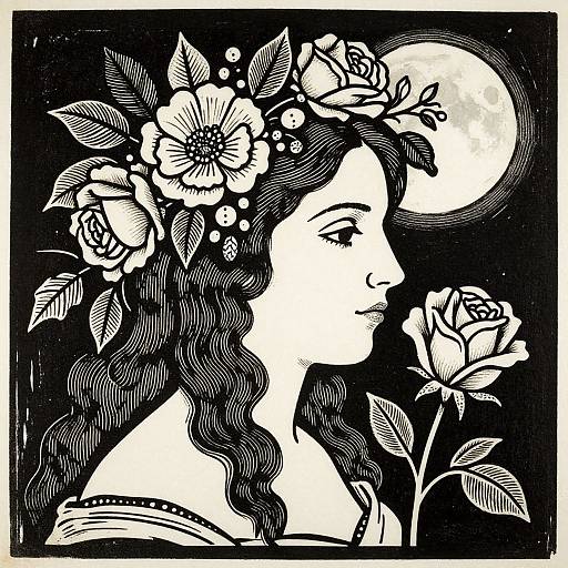 Black-and-white woodcut-style drawing of a woman with wavy hair, floral crown, and profile facing a rose under a full moon.
