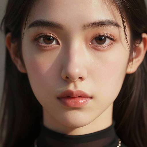 Close-up photograph of an East Asian woman with fair skin, dark brown eyes, and long black hair, wearing a black top, with soft sunlight highlighting