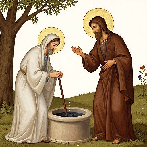 Illustration of Jesus and Mary at a well, with halos, in white and brown robes, Jesus gesturing, tree and flowers in background.