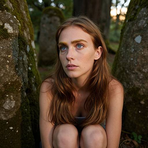 Photograph of a young woman with fair skin, blue eyes, and brown hair, sitting between moss-covered tree trunks in a forest, looking up