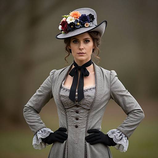 Photograph of a Victorian-era woman in a gray dress with black lace cuffs, black gloves, and a floral hat, standing outdoors.