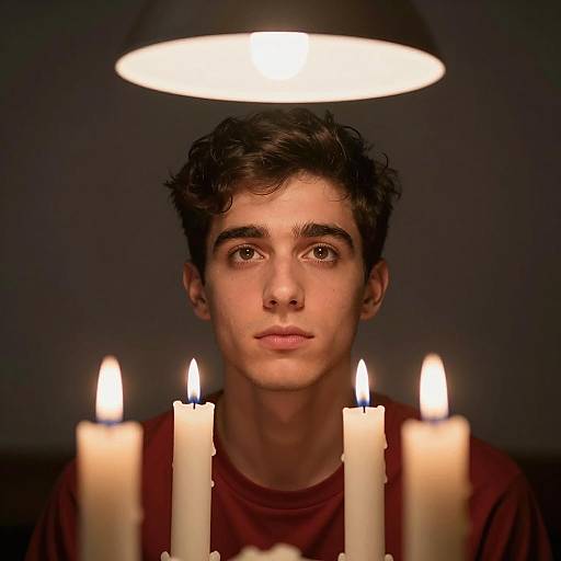 Young man gazing upward with candles and lamp