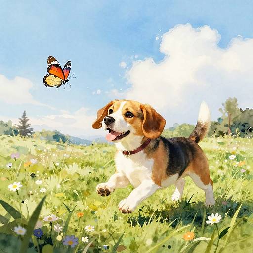 Digital painting of a playful Beagle puppy with tri-color fur chasing a colorful butterfly in a bright, sunny meadow with wildflowers.