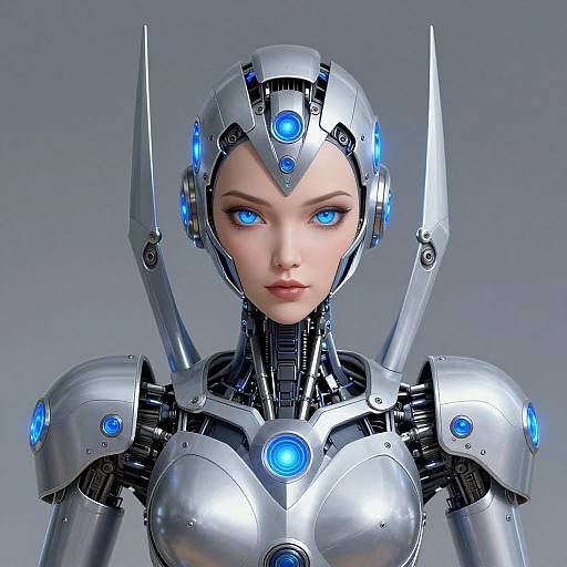 CGI image of a futuristic, silver robotic woman with blue glowing eyes, armor, and sharp shoulder spikes, set against a gray background.