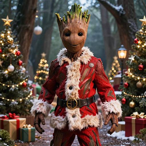 Groot in Santa Claus Suit in Festive Forest