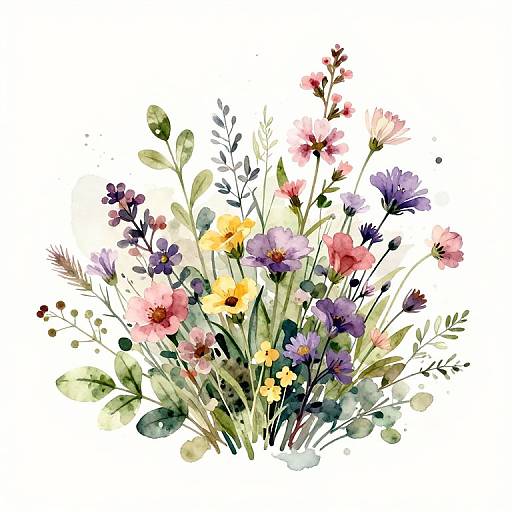 Watercolor illustration of a vibrant bouquet featuring pink, purple, yellow, and red flowers with green leaves, set against a white background.