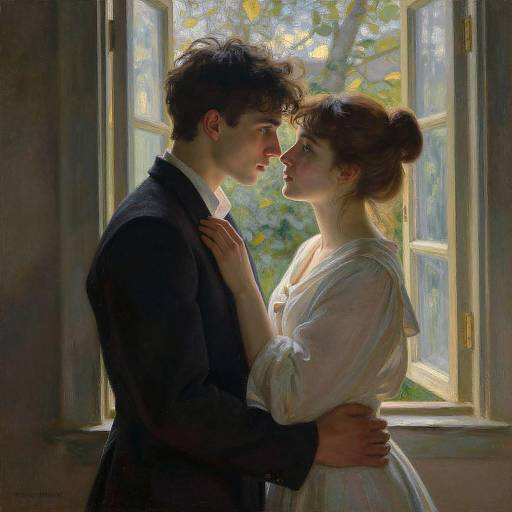 Romantic oil painting of a young couple in a dimly lit room, illuminated by sunlight through an open window, gazing intimately at each other.