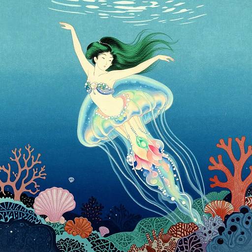 Digital illustration of a green-haired mermaid with translucent jellyfish tail, floating in a vibrant, underwater coral reef with various sea creatures.