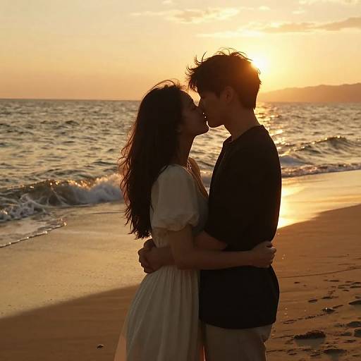 Silhouetted couple kissing on a beach at sunset, with the man in a dark shirt and the woman in a white dress, hands clasped