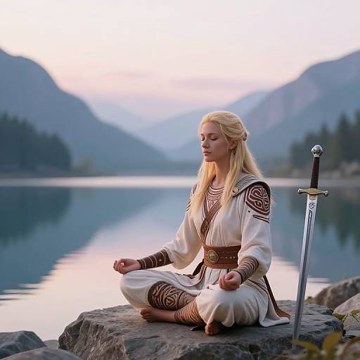 Blonde woman with fair skin, medieval white dress, meditating by serene lake, mountains, and a sword on a rock. Digital artwork.