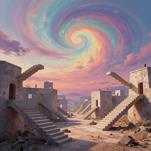Photorealistic digital painting of a desert settlement with staircases leading up to adobe buildings, under a vibrant, swirling, multicolored sky at